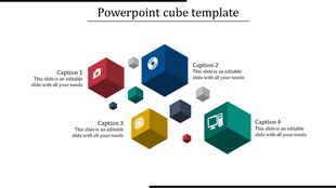 Slide featuring four colorful cubes in red, blue, yellow, and green with icons and captions, surrounded by smaller cubes.