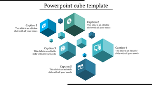 Illustration of blue 3D cubes with icons and five captions arranged in a symmetrical layout on a white background.