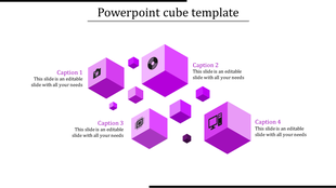 Purple cube PPT template featuring icons for photography, networking, electronics, and computers in floating cubes.
