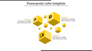 PowerPoint slide with yellow cubes featuring icons and captions with placeholder text.