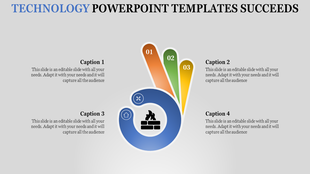 Technology slide showcasing a colorful design with arrows pointing to different icons, representing progress with captions.