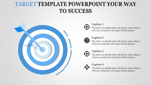 Slide featuring a blue and white target graphic with an arrow, and four captions with black icons on the side.