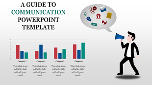 Slide with a businessman holding a megaphone projecting speech bubble displaying communication icons, and bar charts below.