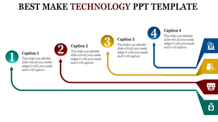 Technology slide with four numbered circles in green, red, yellow, and blue, connected by arrows, with captions and icons.