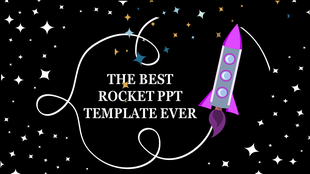 Illustration of a purple rocket with a swirling white trail on a black background filled with colorful stars.