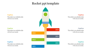 Central rocket illustration with six colored horizontal bars representing years from 2021 to 2026 on each side.