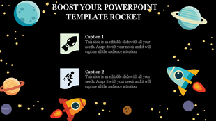 Creative slide featuring a rocket flying through space with icons representing two captions on a dark backdrop.