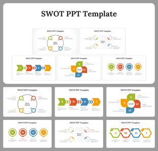 Multiple slide designs showcasing SWOT analysis with arrows, circles, and vibrant icons on a gray background.