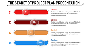 Project PowerPoint slide showing four progress bars at different completion levels with corresponding captions.