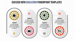Vertical capsule shaped layouts with gear icons in yellow, pink, green, and red on a white textured background.