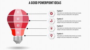 Red gradient light bulb split into four numbered sections, each linked to hexagonal icons on a white textured background.