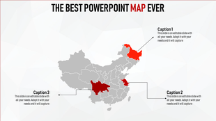 Map of China highlighting specific regions with captions for PowerPoint presentations.