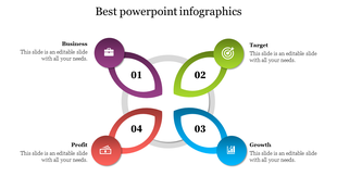 Petal styled infographic with purple, green, blue, and red sections, displaying business related concepts and goals.