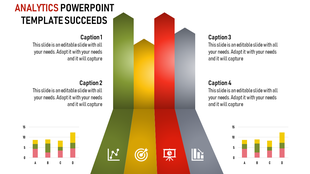 Analytics PowerPoint slide with colorful bar charts, including icons for graphs, data analysis, and business targets.