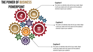 Illustration of overlapping gears in various colors with business-related icons, linked to three descriptive captions.