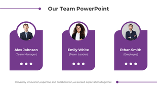 Our team PowerPoint slide showcases team members with photos and roles from Team Manager to employee.