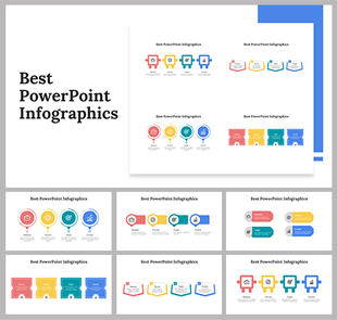 Infographic slides showcasing various colorful icons and designs for different concepts with icons.