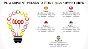 Light bulb illustration made of colorful gear icons with idea text in the center and captions areas around.