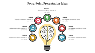 PowerPoint slide with a lightbulb-brain and eight icons around it for presentation ideas, each with a caption.