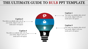 Bulb shaped infographic with four sections in red, blue, teal, and black, each containing icons and captions.