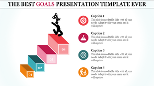 Goal achievement template with a figure climbing five colorful steps, each with distinct icons with captions.