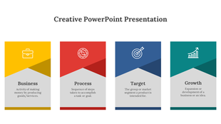 Creative PowerPoint slide with four colored labeled boxes each with corresponding icons and descriptions.