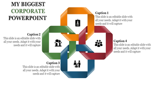 Corporate slide showing interwoven ribbons with icons for collaboration, leadership, and teamwork.