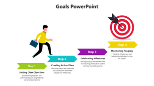 Illustration of a person carrying a briefcase, progressing through four steps with vibrant arrows leading to a red target.