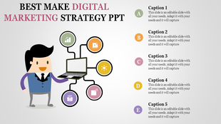 PowerPoint slide showing a character with a laptop and icons for digital marketing strategies with captions.