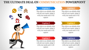 Communication methods through icons like speech bubbles and phones, with a businessman and six labeled captions.