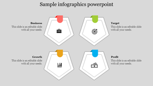Infographic slide featuring four pentagon shapes labeled business, target, growth, and profit, each with a colored tab.