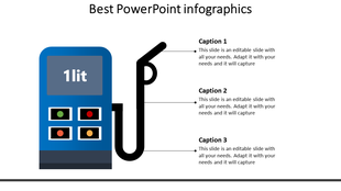 Slide featuring a blue fuel pump design with color coded buttons and a black nozzle, and three caption areas.
