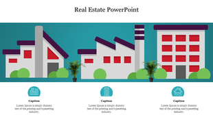 Illustrative slide featuring a house, factory, and apartment with greenery on a teal background, and three captions below.