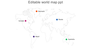 World map with five colored markers indicating locations for Canada, Denmark, Russia, Brazil, and Australia.