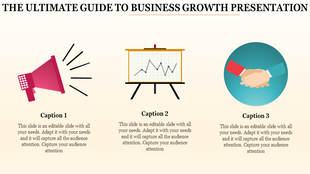 Business infographic featuring megaphone, analytics graph board, and partnership handshake icon, with caption areas.