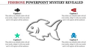 Grayscale fish diagram with four captions featuring icons like a starfish, octopus, and fishbone for creative infographics.