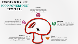 Mushroom shaped infographic outlined in red with food related icons and five captions placed around it.