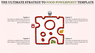 Creative food presentation template featuring puzzle shaped sections and food related icons.