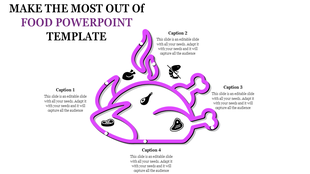 Illustration of a food platter outlined in pink, with icons of meat cuts and four captions positioned around the design.