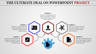 Business PPT slide design with colorful hexagonal icons and arrows pointing to a central icon with captions.