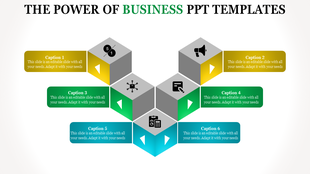 Business PowerPoint template featuring six colorful blocks with numbered steps and icons with captions.