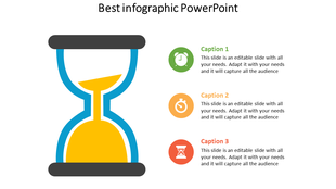 Best infographic PowerPoint template with an hourglass symbol and three captions with icons.