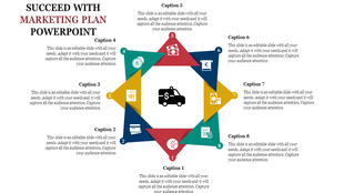 PowerPoint slide with eight sections in a circular layout representing steps in a marketing plan with icons and captions.