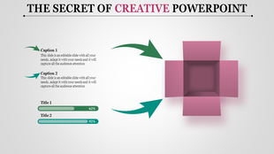 Creative PowerPoint template featuring a pink open box with arrows and progress bars with captions.