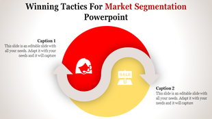 Market segmentation PowerPoint template featuring a red and yellow design with customer support and sales icons.