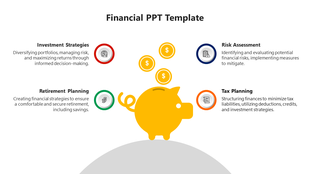 Yellow piggy bank illustration surrounded by coin icons and four financial strategy areas in colored circles.