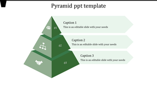 Three-layered green pyramid featuring icons of a team, hierarchy, and handshake, with captions on the right.