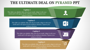 Layered pyramid infographic in green, blue, purple, and gold sections, each with captions and icons.