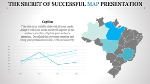 Map PPT slide with a regional map and line graph, illustrating the success of a specific metric across different regions.