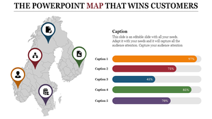 Map PPT template showing five regions marked with icons and percentage data for each area.